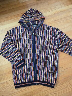 Vintage Coogi-Style Full zip Hoodie Thin Knit Sweater Streetwear Urbanwe